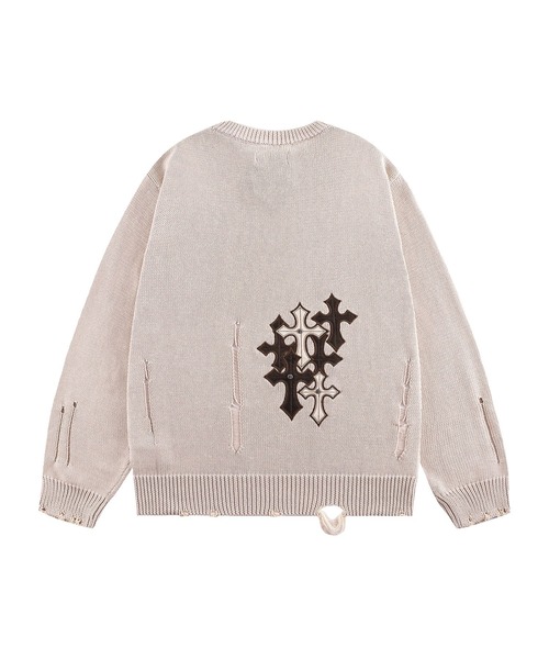 SUPPLIER（サプライヤー）の「ニット｜Distressed Multiple Cross Leather Patch Crew Knit｜SUPPLIER（ニット/セーター・メンズ・ブラック/ベージュ・LARGE/MEDIUM/X-LARGE/SMALL）」の3枚目の写真