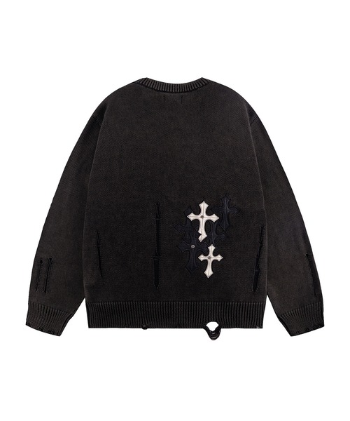 SUPPLIER（サプライヤー）の「ニット｜Distressed Multiple Cross Leather Patch Crew Knit｜SUPPLIER（ニット/セーター・メンズ・ブラック/ベージュ・LARGE/MEDIUM/X-LARGE/SMALL）」の10枚目の写真