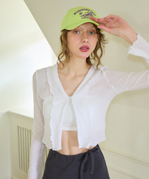 SALON DE YOHN（サロンドヨーン）の「Ruffle Crop Sheer Cardigan_ White（カーディガン/ボレロ）」
