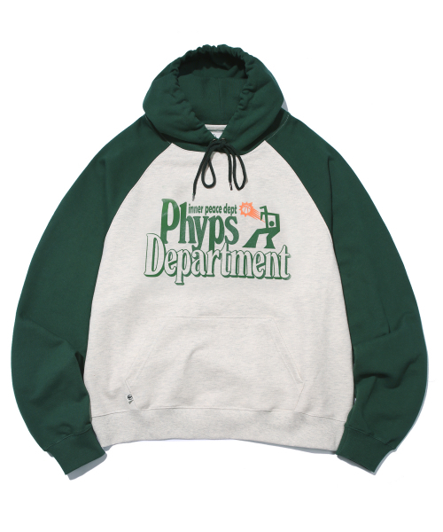 PHYSICAL DEPARTMENT(フィジカル デパートメント)の「ベスケットボールシュートラグランフード_オートミール/グリーン(パーカー・レディース・その他・LARGE/X-LARGE/SMALL/MEDIUM)」の2枚目の写真