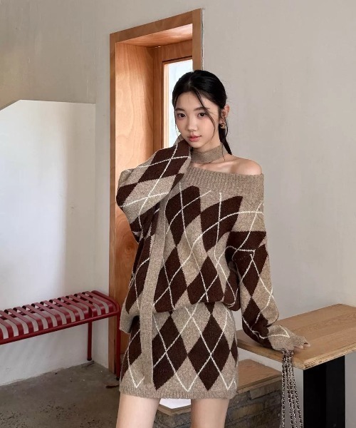 セール】アーガイル柄ニットトップス＆スカートSET（2色展開