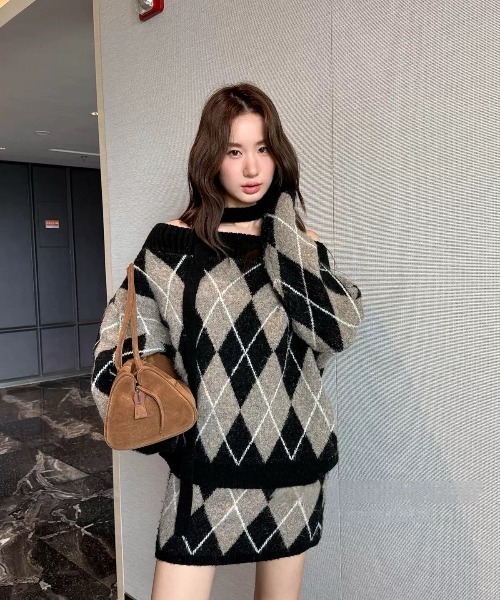 セール】アーガイル柄ニットトップス＆スカートSET（2色展開
