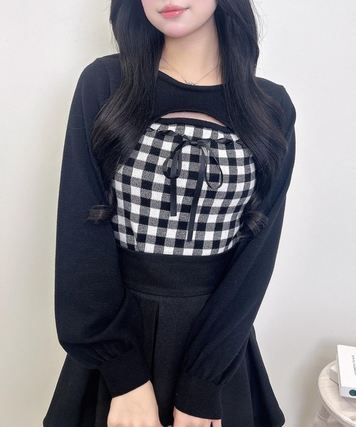 INGNI（イング）の「ボレロレイヤード風リボンギンガムチェックニット（ニット/セーター・レディース・ホワイト系6/ホワイト系その他2/ホワイト系その他・M）」の2枚目の写真