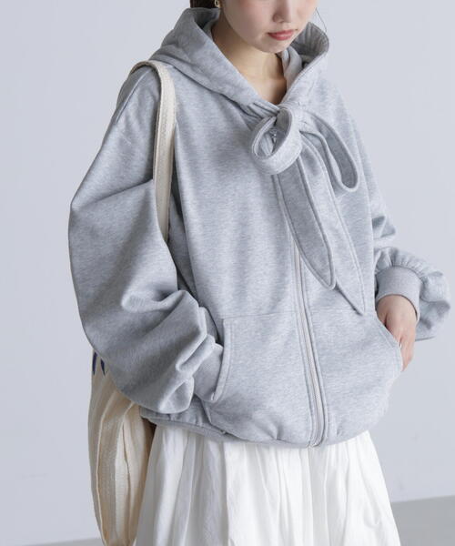 FREE'S MART(フリーズマート)の「◆起毛ビッグリボンジップパーカー(パーカー・レディース・グレー/ホワイト・FREE)」の3枚目の写真