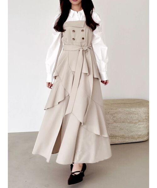 dazzlin(ダズリン)の「アシメフリルシャツレイヤードトレンチワンピース(ワンピース・レディース・ベージュ/チャコールグレー・MEDIUM/SMALL)」の1枚目の写真