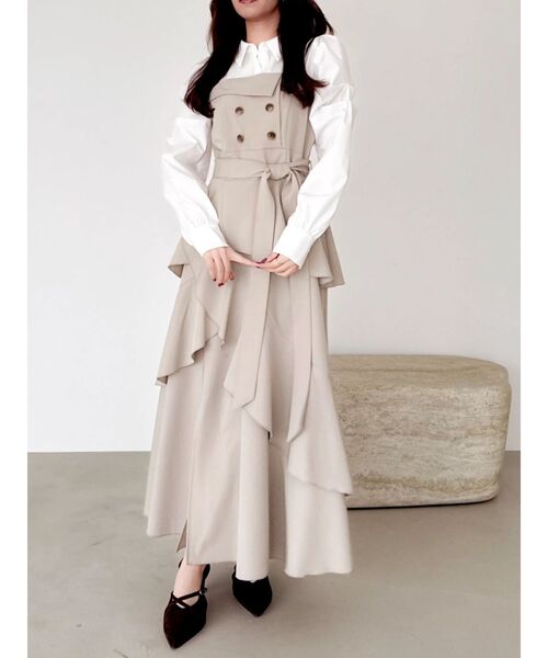 dazzlin(ダズリン)の「アシメフリルシャツレイヤードトレンチワンピース(ワンピース・レディース・ベージュ/チャコールグレー・MEDIUM/SMALL)」の6枚目の写真