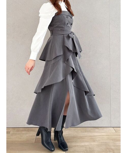 dazzlin(ダズリン)の「アシメフリルシャツレイヤードトレンチワンピース(ワンピース・レディース・ベージュ/チャコールグレー・MEDIUM/SMALL)」の14枚目の写真