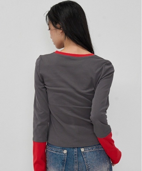 Enewd nina(エニュードニーナ)の「half button bicolor tops#3(Tシャツ/カットソー・レディース・ネイビー/グレー・FREE)」の4枚目の写真