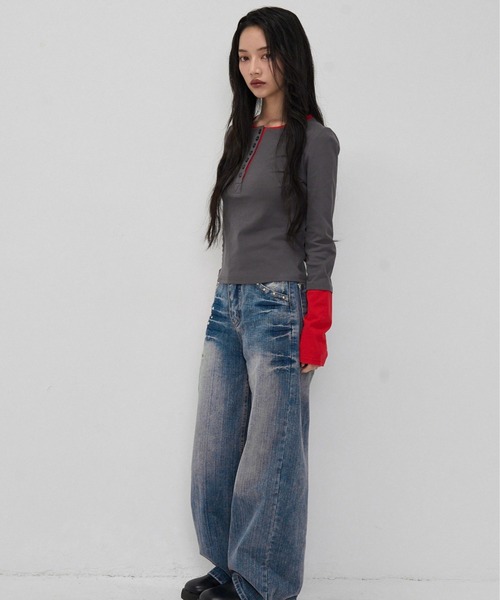 Enewd nina(エニュードニーナ)の「half button bicolor tops#3(Tシャツ/カットソー・レディース・ネイビー/グレー・FREE)」の7枚目の写真