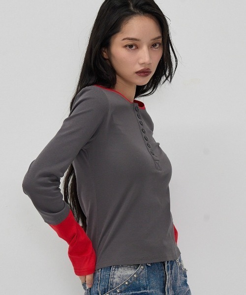 Enewd nina(エニュードニーナ)の「half button bicolor tops#3(Tシャツ/カットソー・レディース・ネイビー/グレー・FREE)」の10枚目の写真
