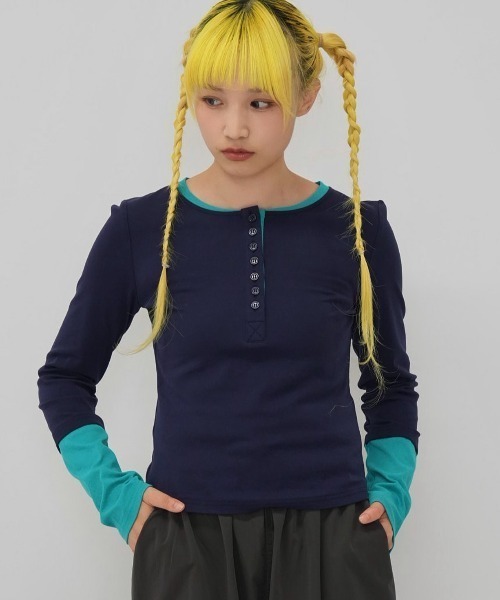 Enewd nina(エニュードニーナ)の「half button bicolor tops#3(Tシャツ/カットソー・レディース・ネイビー/グレー・FREE)」の11枚目の写真
