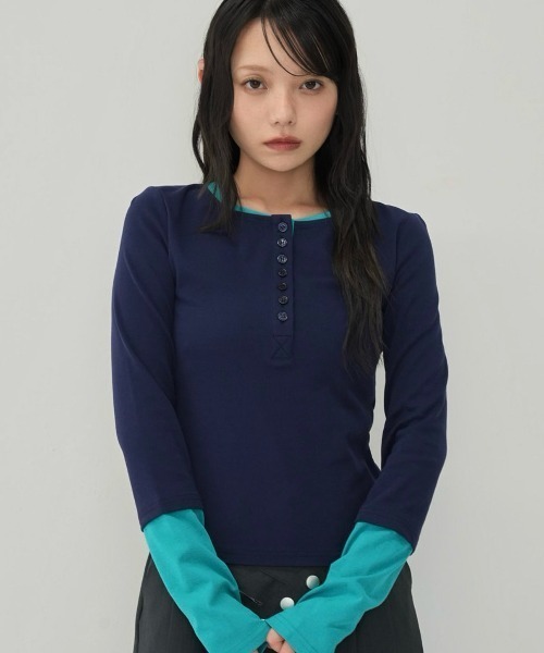 Enewd nina(エニュードニーナ)の「half button bicolor tops#3(Tシャツ/カットソー・レディース・ネイビー/グレー・FREE)」の13枚目の写真