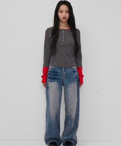 Enewd nina(エニュードニーナ)の「half button bicolor tops#3(Tシャツ/カットソー・レディース・ネイビー/グレー・FREE)」の15枚目の写真