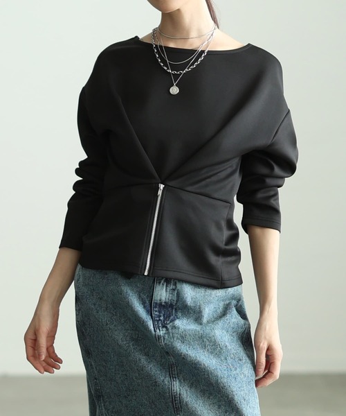 Sawa a la mode(サワアラモード)の「フロントファスナー2WAYプルオーバー(Tシャツ/カットソー・レディース・オフホワイト/チャコールグレー/ブラック・FREE)」の2枚目の写真