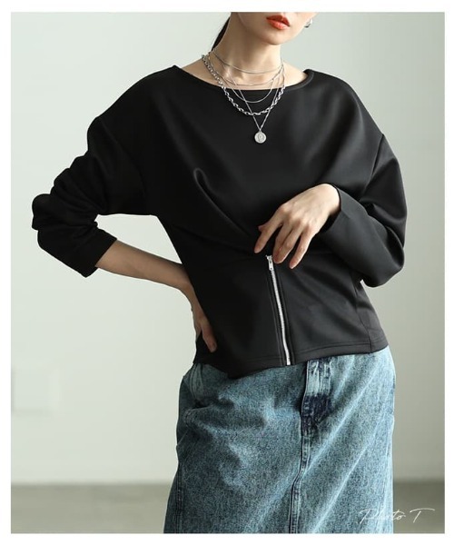 Sawa a la mode(サワアラモード)の「フロントファスナー2WAYプルオーバー(Tシャツ/カットソー・レディース・オフホワイト/チャコールグレー/ブラック・FREE)」の4枚目の写真