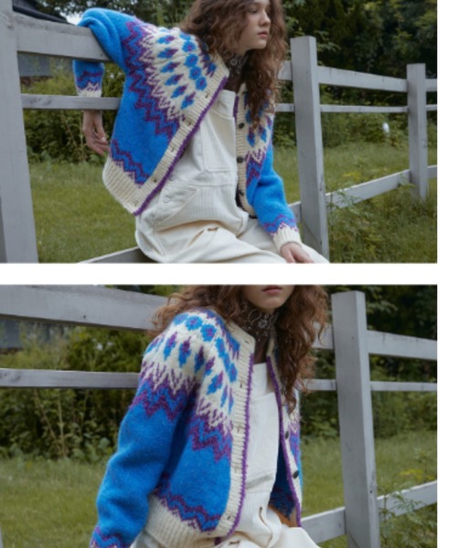 GREEN BUTTER（グリーンバター）の「BOUCLE NORDIC CARDIGAN（カーディガン/ボレロ・レディース・ライトブルー/レッド・FREE）」の4枚目の写真