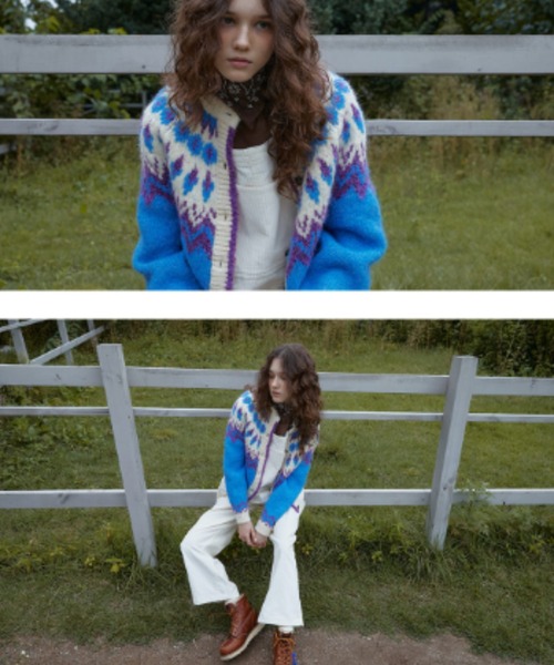 GREEN BUTTER（グリーンバター）の「BOUCLE NORDIC CARDIGAN（カーディガン/ボレロ・レディース・ライトブルー/レッド・FREE）」の5枚目の写真
