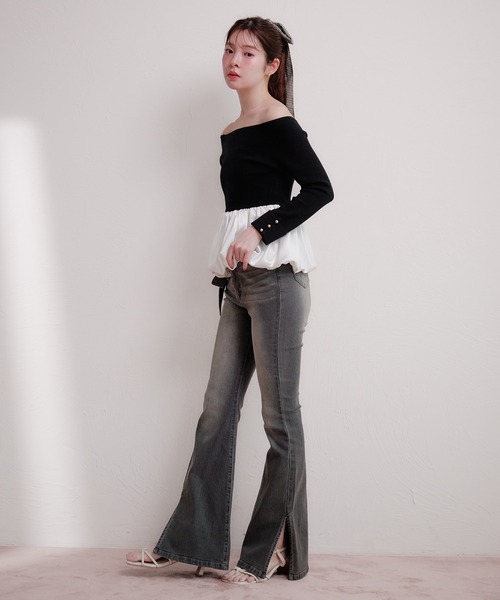 fupel(フぺル)の「off-shoulder satin peplum tops / オフショルサテンペプラムトップス(ニット/セーター・レディース・ブラック/アイボリー・FREE)」の18枚目の写真