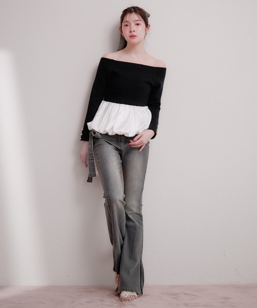 fupel(フぺル)の「off-shoulder satin peplum tops / オフショルサテンペプラムトップス(ニット/セーター・レディース・ブラック/アイボリー・FREE)」の16枚目の写真