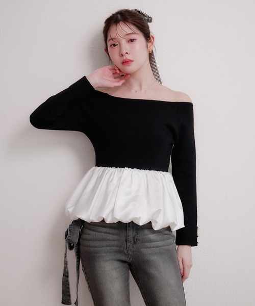 fupel(フぺル)の「off-shoulder satin peplum tops / オフショルサテンペプラムトップス(ニット/セーター・レディース・ブラック/アイボリー・FREE)」の22枚目の写真