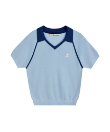 V-NECK COLLAR KNIT TOP - SKY BLUE