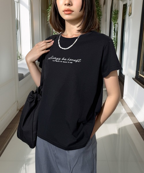 Candlestick(キャンドルスティック)の「レタリング ロゴ刺繍 コンパクトTシャツ(Tシャツ/カットソー・レディース・バーガンディー/ホワイト/ブラック/スミクロ・FREE)」の6枚目の写真
