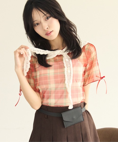 kutir(クティール)の「半袖アソート袖リボンシアーメロートップス(Tシャツ/カットソー・レディース・アイボリー/グリーン/ホワイト/オレンジ/ネイビー/ベージュ・FREE)」の6枚目の写真