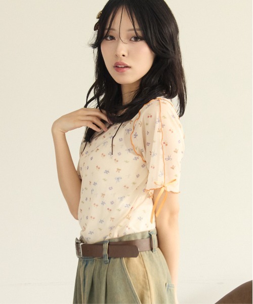 kutir(クティール)の「半袖アソート袖リボンシアーメロートップス(Tシャツ/カットソー・レディース・アイボリー/グリーン/ホワイト/オレンジ/ネイビー/ベージュ・FREE)」の10枚目の写真