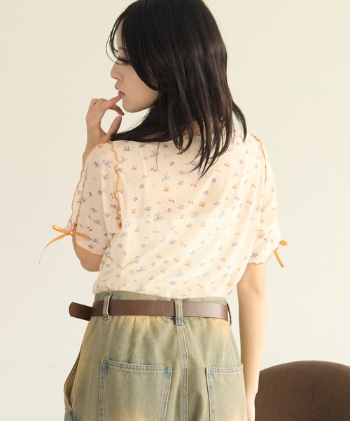 kutir(クティール)の「半袖アソート袖リボンシアーメロートップス(Tシャツ/カットソー・レディース・アイボリー/グリーン/ホワイト/オレンジ/ネイビー/ベージュ・FREE)」の11枚目の写真