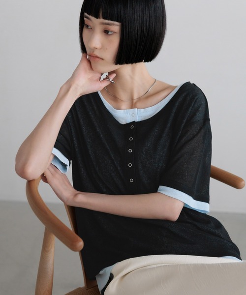 LOWRYS FARM(ローリーズファーム)の「レイヤードヘンリーSS 638392(Tシャツ/カットソー・レディース・ピンク/ブラック/ブラウン/ホワイト・FREE)」の1枚目の写真