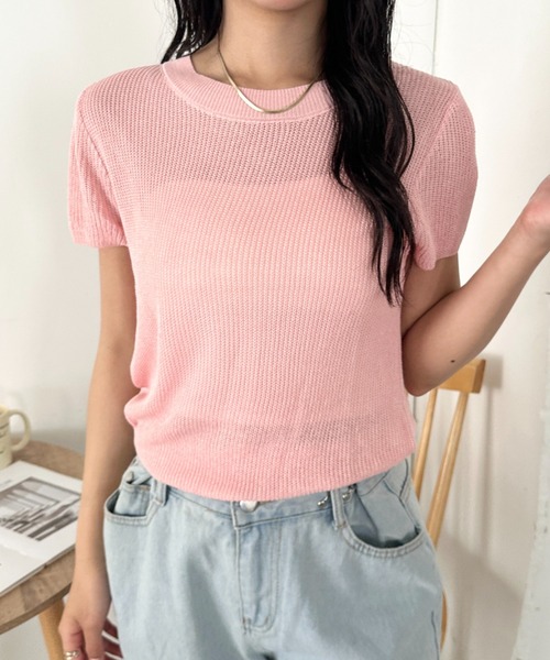 CLEA(クレア)の「フレンチスリーブサマーニット(Tシャツ/カットソー・レディース・ブラック/ホワイト/ライトピンク/ブルー/アイボリー/グリーン・FREE)」の6枚目の写真