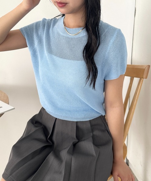 CLEA(クレア)の「フレンチスリーブサマーニット(Tシャツ/カットソー・レディース・ブラック/ホワイト/ライトピンク/ブルー/アイボリー/グリーン・FREE)」の5枚目の写真
