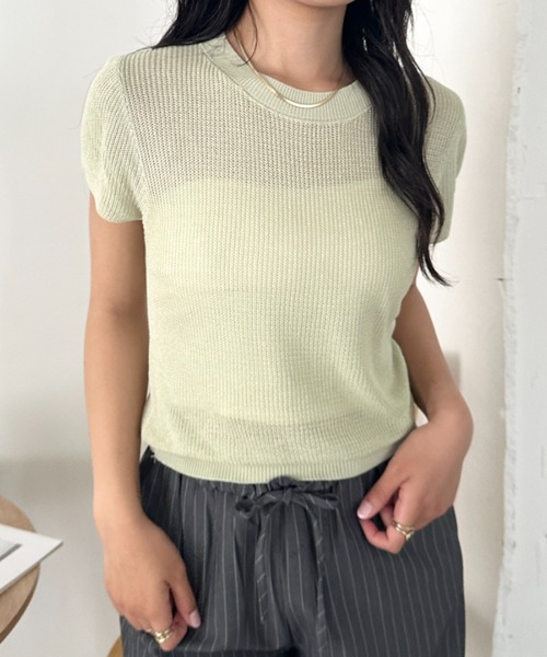 CLEA(クレア)の「フレンチスリーブサマーニット(Tシャツ/カットソー・レディース・ブラック/ホワイト/ライトピンク/ブルー/アイボリー/グリーン・FREE)」の4枚目の写真