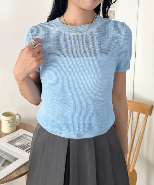 CLEA(クレア)の「フレンチスリーブサマーニット(Tシャツ/カットソー・レディース・ブラック/ホワイト/ライトピンク/ブルー/アイボリー/グリーン・FREE)」の7枚目の写真