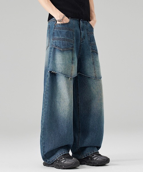 HOOK(フック)の「HOOK ヴィンテージウォッシュ カットオフ切替 バギーデニム ワイドパンツ ユニセックス(デニムパンツ・メンズ・インディゴブルー・L/M)」の16枚目の写真