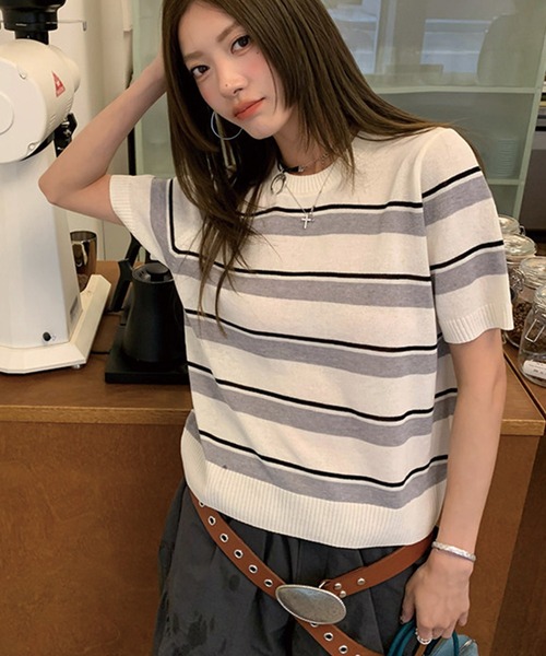 ADDITION STORE(アディションストア)の「\サラサラ肌触り♪カジュアルにもオフィスにも対応/オリジナルボーダー ハーフスリーブ サマーニット(ニット/セーター・レディース・ブラック/ホワイト・LARGE/MEDIUM/SMALL)」の2枚目の写真