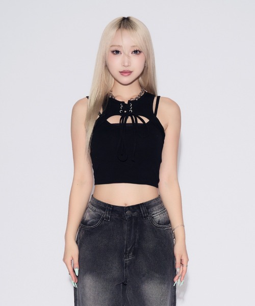 tinkerend(ティンカーエンド)の「【カップ付き】Cutout Lace-up Tank Top / カットアウトレースアップタンクトップ(タンクトップ・レディース・ブラック/ホワイト・FREE)」の10枚目の写真