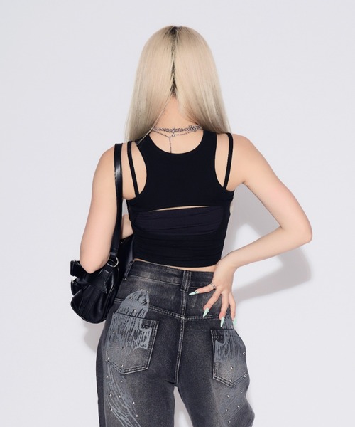 tinkerend(ティンカーエンド)の「【カップ付き】Cutout Lace-up Tank Top / カットアウトレースアップタンクトップ(タンクトップ・レディース・ブラック/ホワイト・FREE)」の14枚目の写真