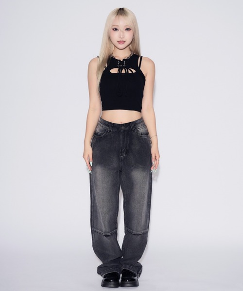 tinkerend(ティンカーエンド)の「【カップ付き】Cutout Lace-up Tank Top / カットアウトレースアップタンクトップ(タンクトップ・レディース・ブラック/ホワイト・FREE)」の17枚目の写真