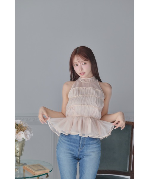 MISTREASS(ミストレアス)の「Silky Sheer Peplum Blouse(シャツ/ブラウス・レディース・ホワイト/ピンク・FREE)」の4枚目の写真