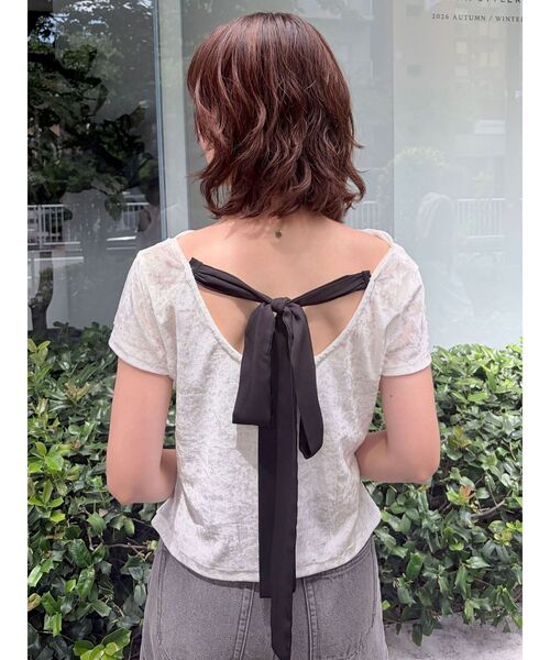 LAGUNAMOON(ラグナムーン)の「バックリボンベロアトップス 【半袖】(Tシャツ/カットソー・レディース・ホワイト/ブラック/ピンク・FREE)」の5枚目の写真