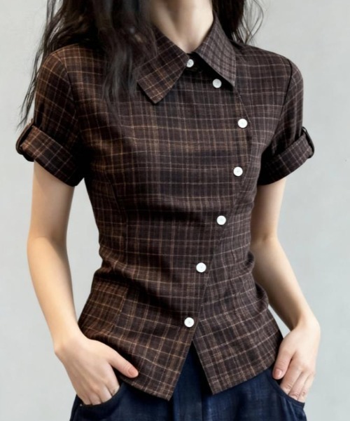 semplice（センプリチェ）の「シャツ【韓国ファッション】（シャツ/ブラウス・レディース・ブラウン・M/S/L）」の6枚目の写真