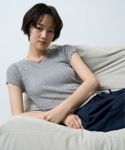 NUJOH(ヌゾ)の「Boucle Sheer Half Sleeve Tee / ブークレシアーハーフスリーブT(Tシャツ/カットソー・レディース・グレー/ミント・FREE)」の7枚目の写真