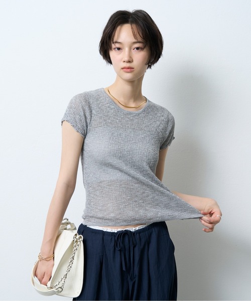 NUJOH(ヌゾ)の「Boucle Sheer Half Sleeve Tee / ブークレシアーハーフスリーブT(Tシャツ/カットソー・レディース・グレー/ミント・FREE)」の3枚目の写真