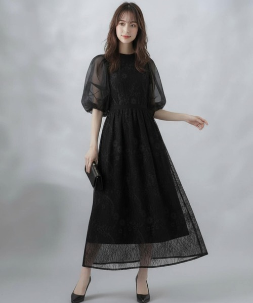 Cinderella(シンデレラ)の「ドレス 結婚式 パーティドレス お呼ばれドレス レディース ワンピース ロングドレス レース シアーワンピース パフスリーブ 異素材ミックス シースルー 透け感 オーガンジー チュール フラワーレース 総レース ジャガード パフスリーブ バルーンスリーブ ぽわん袖 五分袖 七分袖 スタンドカラー ハイネック マキシ丈ワンピース フレア Aライン(ドレス・レディース・ダークグレー/ブラック・X-LARGE/MEDIUM/LARGE)」の3枚目の写真