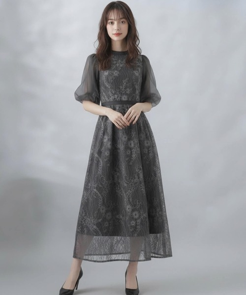 Cinderella(シンデレラ)の「ドレス 結婚式 パーティドレス お呼ばれドレス レディース ワンピース ロングドレス レース シアーワンピース パフスリーブ 異素材ミックス シースルー 透け感 オーガンジー チュール フラワーレース 総レース ジャガード パフスリーブ バルーンスリーブ ぽわん袖 五分袖 七分袖 スタンドカラー ハイネック マキシ丈ワンピース フレア Aライン(ドレス・レディース・ダークグレー/ブラック・X-LARGE/MEDIUM/LARGE)」の9枚目の写真