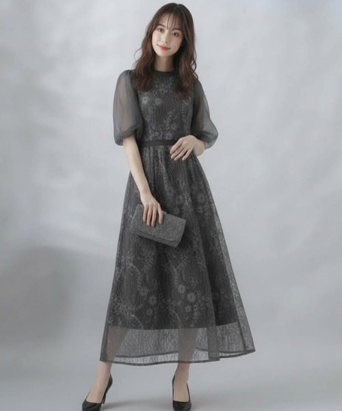 Cinderella(シンデレラ)の「ドレス 結婚式 パーティドレス お呼ばれドレス レディース ワンピース ロングドレス レース シアーワンピース パフスリーブ 異素材ミックス シースルー 透け感 オーガンジー チュール フラワーレース 総レース ジャガード パフスリーブ バルーンスリーブ ぽわん袖 五分袖 七分袖 スタンドカラー ハイネック マキシ丈ワンピース フレア Aライン(ドレス・レディース・ダークグレー/ブラック・X-LARGE/MEDIUM/LARGE)」の10枚目の写真