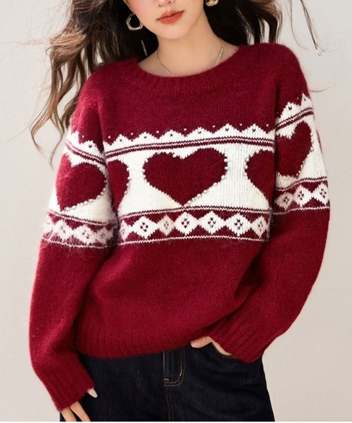 &soiree(アンドソワレ)の「ハート柄ノルディックニット(ニット/セーター・レディース・レッド・LARGE/MEDIUM/SMALL)」の1枚目の写真