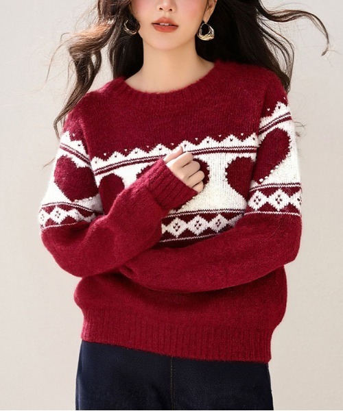 &soiree(アンドソワレ)の「ハート柄ノルディックニット(ニット/セーター・レディース・レッド・LARGE/MEDIUM/SMALL)」の2枚目の写真