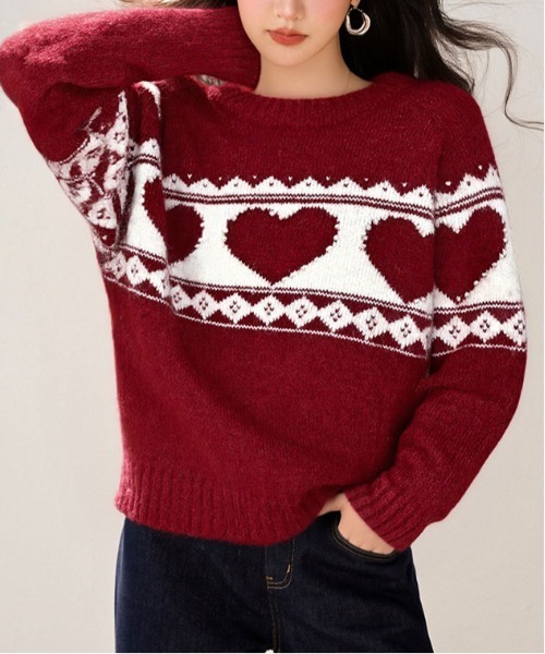 &soiree(アンドソワレ)の「ハート柄ノルディックニット(ニット/セーター・レディース・レッド・LARGE/MEDIUM/SMALL)」の3枚目の写真